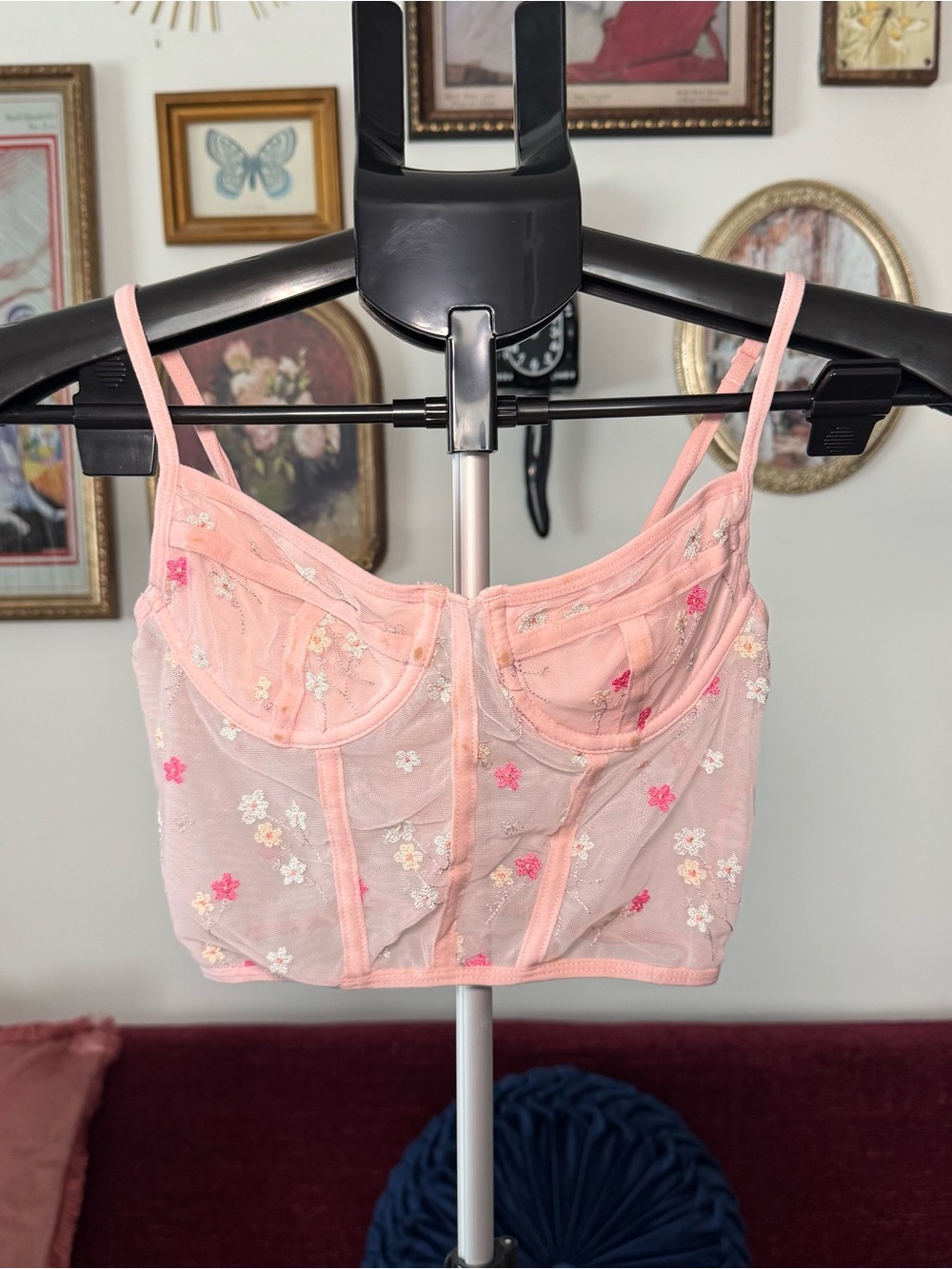 Full Tilt Sheer Pink Floral Embroidered Bustier Crop Top